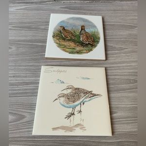 SET OF 2 HAND DECORATED BIRD THEMED SQUARE TILES wall hanging. Italy. Good con